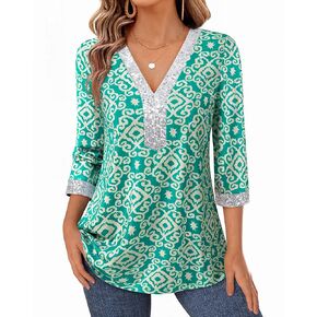 VALOLIA Womens Dressy Blouses Sequin V Neck 3/4 Sleeve Tunic Tops Work Shirts in Kuwait