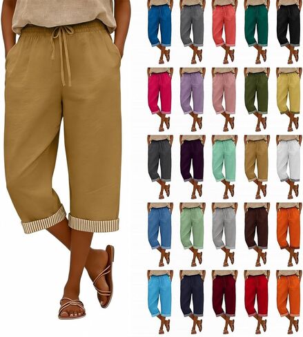 Capri Pants for Women Cotton Linen Casual Summer 2026 Elastic High Waist Wide Leg Loose Drawstring Cropped Trousers in Saudi Arabia