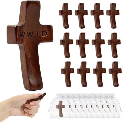 10 قطع من صليب خشبي مصنوع يدويًا من WWJD - W.W.J.D، ماذا سيفعل يسوع صليب صلاة الجيب، هدايا عيد الفصح الدينية مع أكياس الأورجانزا (بني) in Kuwait