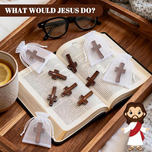 10 قطع من صليب خشبي مصنوع يدويًا من WWJD - W.W.J.D، ماذا سيفعل يسوع صليب صلاة الجيب، هدايا عيد الفصح الدينية مع أكياس الأورجانزا (بني) in Kuwait