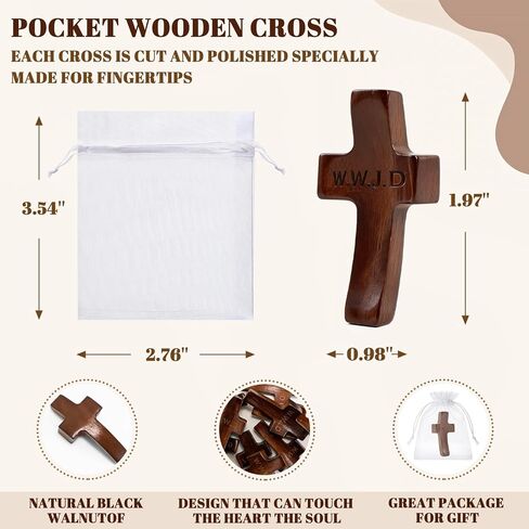 10 قطع من صليب خشبي مصنوع يدويًا من WWJD - W.W.J.D، ماذا سيفعل يسوع صليب صلاة الجيب، هدايا عيد الفصح الدينية مع أكياس الأورجانزا (بني) in Kuwait