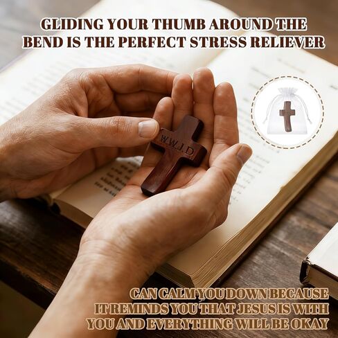 10 قطع من صليب خشبي مصنوع يدويًا من WWJD - W.W.J.D، ماذا سيفعل يسوع صليب صلاة الجيب، هدايا عيد الفصح الدينية مع أكياس الأورجانزا (بني) in Kuwait