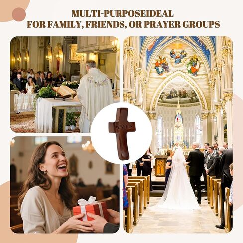 10 قطع من صليب خشبي مصنوع يدويًا من WWJD - W.W.J.D، ماذا سيفعل يسوع صليب صلاة الجيب، هدايا عيد الفصح الدينية مع أكياس الأورجانزا (بني) in Kuwait