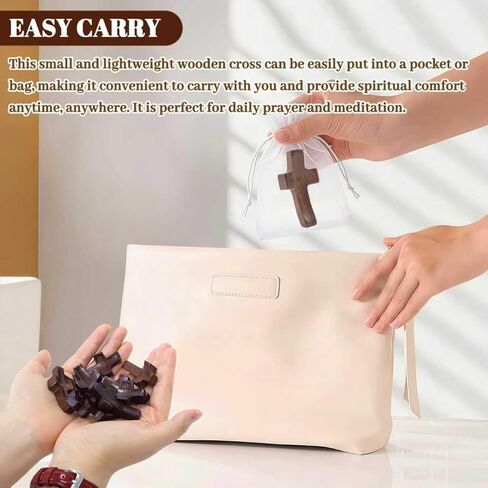 10 قطع من صليب خشبي مصنوع يدويًا من WWJD - W.W.J.D، ماذا سيفعل يسوع صليب صلاة الجيب، هدايا عيد الفصح الدينية مع أكياس الأورجانزا (بني) in Kuwait