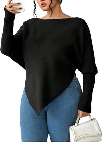 SOLY HUX Women's Plus Size Asymmetrical Sweater Boat Neck Long Sleeve Pullover Jumper Tops in Saudi Arabia