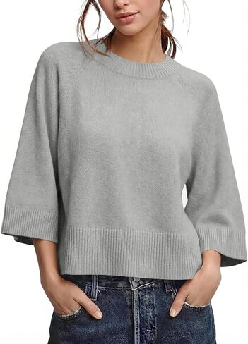 Women's Spring Oversized Sweater Soft Lightweight Knit Batwing 3/4 Bell Sleeves Pullover Crew Neck Loose Fit Casual Top in Saudi Arabia
