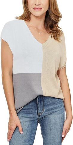 المرأة عارضة متماسكة الأعلى اللون كتلة الخامس الرقبة متماسكة بيج / أبيض / رمادي خفيف الوزن مزيج القطن قصيرة الأكمام البلوز in Kuwait