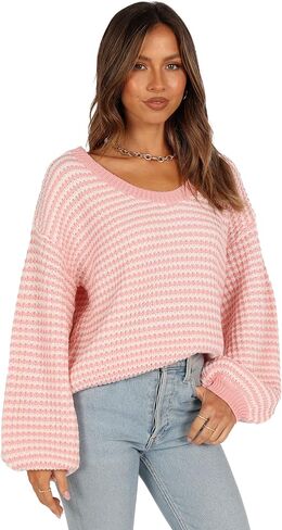 Petal & Pup Women's Becca Crewneck Waffle Stitch Stripe Knit Sweater in Saudi Arabia