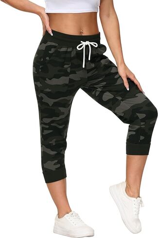 SPECIALMAGIC Women's Sweatpants Cropped Jogger French Terry Running Pants Lounge Loose Fit Drawstring Waist with Side Pockets Camouflage Army Green M in Kuwait