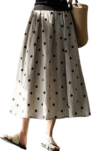 Linen Polka Dots Skirt Women Casual A-Line Midi Skirts 2025 Comfy Flowy Swing Long Skirts with Pockets in Kuwait