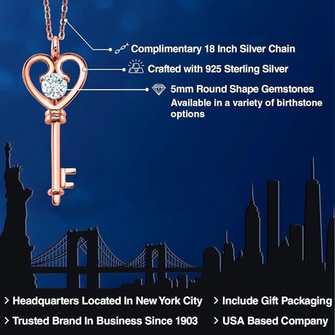 Gem Stone King 18K Rose Gold Plated Silver Heart Key Pendant Necklace For Women | Round 5MM | Gemstone Birthstone | Mom Wife Birthday Anniversary Graduation Gifts | With 18 Inch Silver Chain in Saudi Arabia