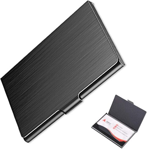 Slim Metal Business Card Holder, Stainless Steel Pocket Case with Buckle Closure, Black in Saudi Arabia