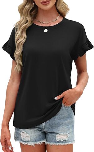 Womens Tops 2026 Casual Round Neck Ruffle Cap Sleeve Blouse Shirts Basic Tunic Top Summer Outfits in Saudi Arabia