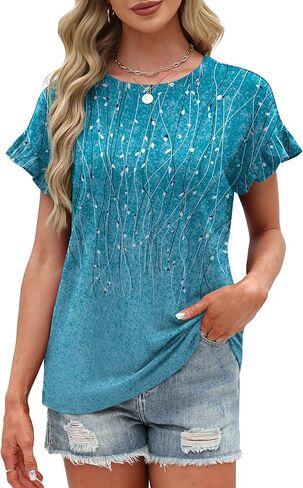 Womens Tops 2026 Casual Round Neck Ruffle Cap Sleeve Blouse Shirts Basic Tunic Top Summer Outfits in Saudi Arabia
