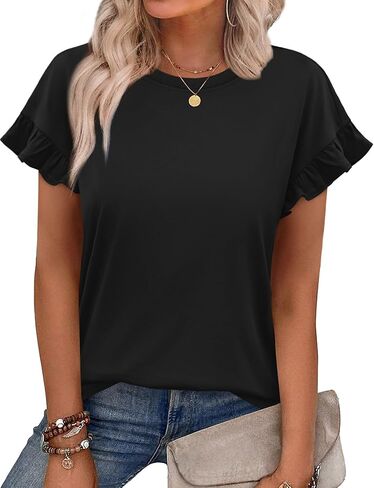 Womens Tops 2026 Casual Round Neck Ruffle Cap Sleeve Blouse Shirts Basic Tunic Top Summer Outfits in Saudi Arabia