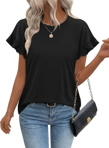 Womens Tops 2026 Casual Round Neck Ruffle Cap Sleeve Blouse Shirts Basic Tunic Top Summer Outfits in Saudi Arabia
