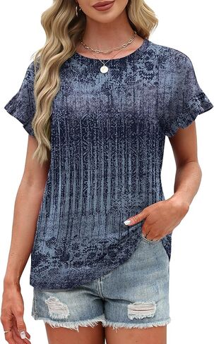 Womens Tops 2026 Casual Round Neck Ruffle Cap Sleeve Blouse Shirts Basic Tunic Top Summer Outfits in Saudi Arabia