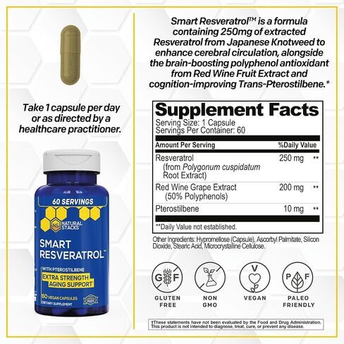 مكدسات طبيعية مكمل ريسفيراترول المضاد للأكسدة - ترانس-بتيروستيلبين 10 ملغ | قوة إضافية لدعم الشيخوخة مع مستخلص النبيذ الأحمر 200 مجم وترانس ريسفيراترول 250 مجم - 60 كبسولة ريسفيراترول in Kuwait