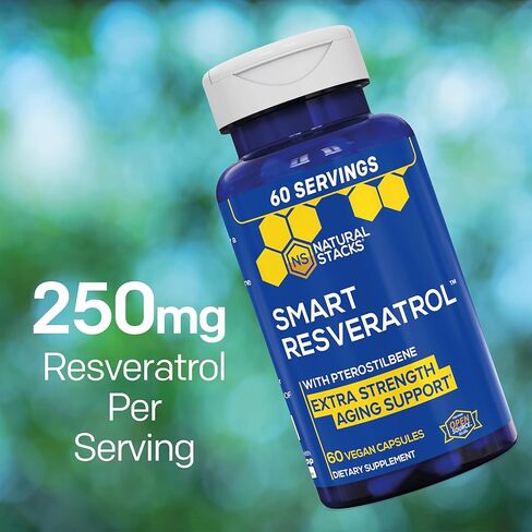 مكدسات طبيعية مكمل ريسفيراترول المضاد للأكسدة - ترانس-بتيروستيلبين 10 ملغ | قوة إضافية لدعم الشيخوخة مع مستخلص النبيذ الأحمر 200 مجم وترانس ريسفيراترول 250 مجم - 60 كبسولة ريسفيراترول in Kuwait