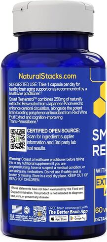 مكدسات طبيعية مكمل ريسفيراترول المضاد للأكسدة - ترانس-بتيروستيلبين 10 ملغ | قوة إضافية لدعم الشيخوخة مع مستخلص النبيذ الأحمر 200 مجم وترانس ريسفيراترول 250 مجم - 60 كبسولة ريسفيراترول in Kuwait