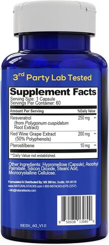 مكدسات طبيعية مكمل ريسفيراترول المضاد للأكسدة - ترانس-بتيروستيلبين 10 ملغ | قوة إضافية لدعم الشيخوخة مع مستخلص النبيذ الأحمر 200 مجم وترانس ريسفيراترول 250 مجم - 60 كبسولة ريسفيراترول in Kuwait
