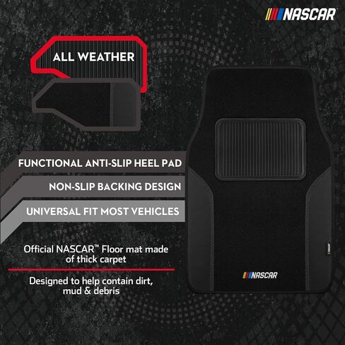 سجادات أرضية سيارة NASCAR، سجادات سيارة بتصميم السجاد والجلد الأسود، سجادات أرضية السيارة مناسبة لجميع الأحوال الجوية مع وسادة كعب مدمجة وظهر مضاد للانزلاق، ملحقات داخلية متينة عديمة الرائحة للسيارات in Kuwait