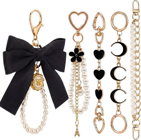 5 Piece Purse Extender Chain and Bow Keychain Kit, Pearl Handbag Strap Replacement with Heart Lobster Clasps, Decorative Bag Charms for Tote Shoulder Bags Clutch Accessories (Gold Black) in Kuwait