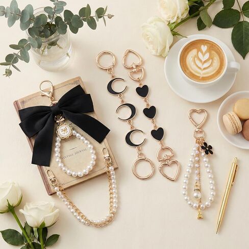 5 Piece Purse Extender Chain and Bow Keychain Kit, Pearl Handbag Strap Replacement with Heart Lobster Clasps, Decorative Bag Charms for Tote Shoulder Bags Clutch Accessories (Gold Black) in Kuwait