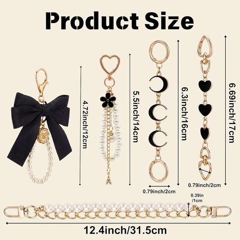 5 Piece Purse Extender Chain and Bow Keychain Kit, Pearl Handbag Strap Replacement with Heart Lobster Clasps, Decorative Bag Charms for Tote Shoulder Bags Clutch Accessories (Gold Black) in Kuwait
