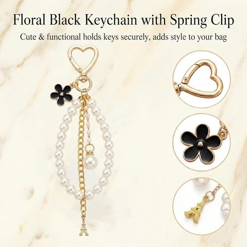 5 Piece Purse Extender Chain and Bow Keychain Kit, Pearl Handbag Strap Replacement with Heart Lobster Clasps, Decorative Bag Charms for Tote Shoulder Bags Clutch Accessories (Gold Black) in Kuwait