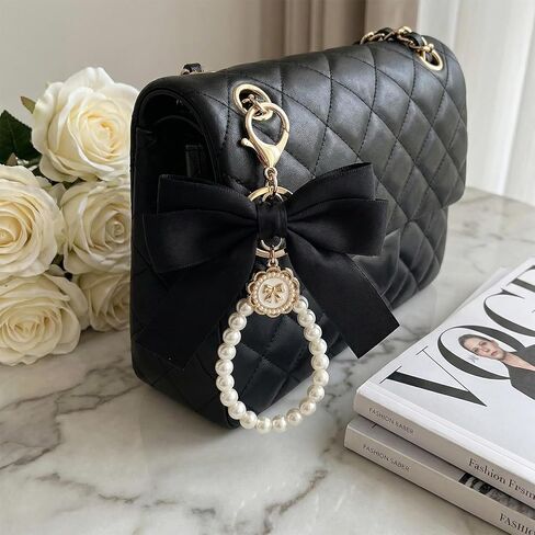 5 Piece Purse Extender Chain and Bow Keychain Kit, Pearl Handbag Strap Replacement with Heart Lobster Clasps, Decorative Bag Charms for Tote Shoulder Bags Clutch Accessories (Gold Black) in Kuwait