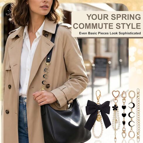 5 Piece Purse Extender Chain and Bow Keychain Kit, Pearl Handbag Strap Replacement with Heart Lobster Clasps, Decorative Bag Charms for Tote Shoulder Bags Clutch Accessories (Gold Black) in Kuwait