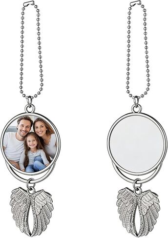 OMISTAR 2 Pcs Sublimation Keychain Blanks, Angel Wing Car Charm, DIY Custom Photo Rearview Mirror Car Charm, Metal Round Key Rings Blanks, 6.3 x 1.38 in, Silver in Saudi Arabia