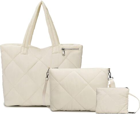 Quilted Tote Bag Set for Women, Puffer Shoulder Bag with Crossbody Purse and Small Pouch, Lightweight Travel Work Gym Handbag in Saudi Arabia