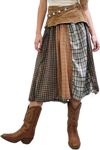 التنانير النسائية عالية الخصر منقوشة ميدي التنانير الجينز الطويلة المرقعة in Kuwait