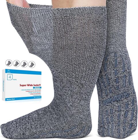 Extra Width Diabetic Socks Men Women-4 Pairs Wide Edema Sock for Swollen Feet,Non Slip Cast Bariatric Socks 13-15,Hospital Socks with Grips, Lymphedema Socks(4 Pink) in Saudi Arabia