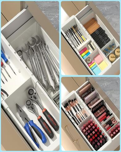 مكتب منظم للأدراج العميقة، منظم أدراج قابل للتعديل والتوسيع مع فواصل، صينية تخزين بلاستيكية بيضاء مقاس 18.11 بوصة للوازم المكتبية وأدوات المطبخ والأدراج غير المرغوب فيها والأدوات in Kuwait