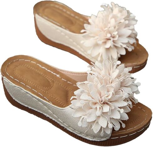 المرأة متأنق زهرة إسفين الصنادل المسطحة جولة المفتوحة تو منصة الشرائح الصيف الشاطئ مريحة بوهو أحذية الشقق صندل in Kuwait