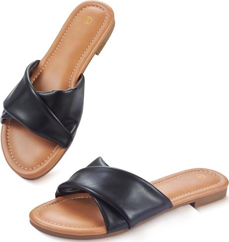 صنادل مسطحة نسائية مستديرة مفتوحة من الأمام مريحة موضة لطيفة للسيدات صنادل نسائية صيفية أنيقة من الجلد المسطح أحذية شاطئ عصرية غير رسمية مقاس 6-11 in Kuwait