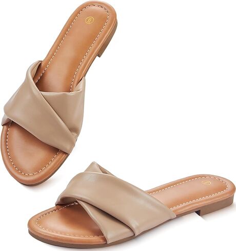 Women's Flat Sandals Round Open Toe Comfortable Fashion Cute Ladies Slides Sandals Women Dressy Summer Flat Leather Casual Fashion Beach Shoes Size 6-11 in Saudi Arabia