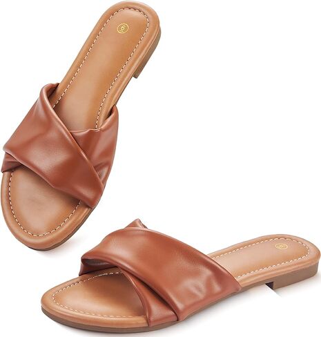 Women's Flat Sandals Round Open Toe Comfortable Fashion Cute Ladies Slides Sandals Women Dressy Summer Flat Leather Casual Fashion Beach Shoes Size 6-11 in Saudi Arabia
