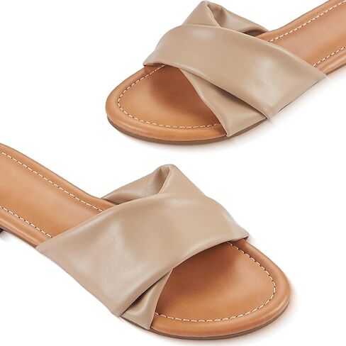Women's Flat Sandals Round Open Toe Comfortable Fashion Cute Ladies Slides Sandals Women Dressy Summer Flat Leather Casual Fashion Beach Shoes Size 6-11 in Saudi Arabia