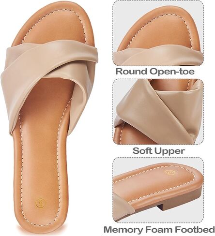 Women's Flat Sandals Round Open Toe Comfortable Fashion Cute Ladies Slides Sandals Women Dressy Summer Flat Leather Casual Fashion Beach Shoes Size 6-11 in Saudi Arabia