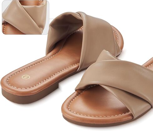 Women's Flat Sandals Round Open Toe Comfortable Fashion Cute Ladies Slides Sandals Women Dressy Summer Flat Leather Casual Fashion Beach Shoes Size 6-11 in Saudi Arabia