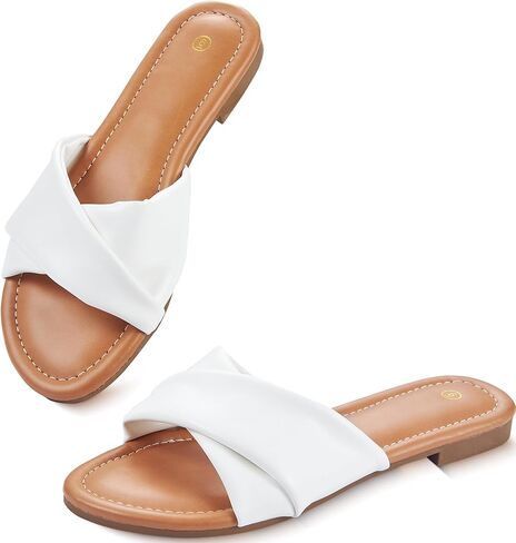 Women's Flat Sandals Round Open Toe Comfortable Fashion Cute Ladies Slides Sandals Women Dressy Summer Flat Leather Casual Fashion Beach Shoes Size 6-11 in Saudi Arabia