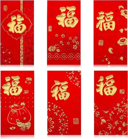 36pcs Chinese New Year Red Greeting Card, Red Envelopes Chinese New Year Decorations Embossed Bronzing Foil Reds Pocket Money Envelope Lucky Money Envelope with 6 Golden Patterns for Cash Gifts in Saudi Arabia