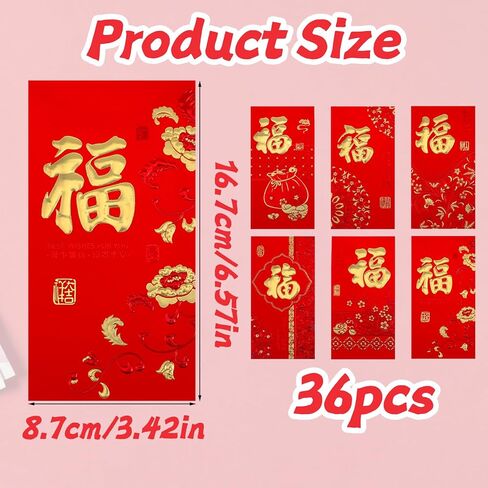 36pcs Chinese New Year Red Greeting Card, Red Envelopes Chinese New Year Decorations Embossed Bronzing Foil Reds Pocket Money Envelope Lucky Money Envelope with 6 Golden Patterns for Cash Gifts in Saudi Arabia