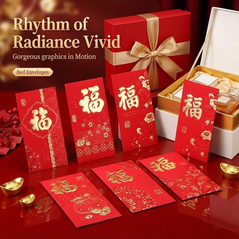 36pcs Chinese New Year Red Greeting Card, Red Envelopes Chinese New Year Decorations Embossed Bronzing Foil Reds Pocket Money Envelope Lucky Money Envelope with 6 Golden Patterns for Cash Gifts in Saudi Arabia