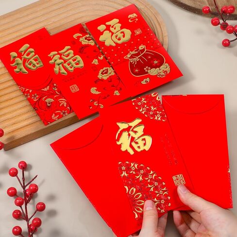 36pcs Chinese New Year Red Greeting Card, Red Envelopes Chinese New Year Decorations Embossed Bronzing Foil Reds Pocket Money Envelope Lucky Money Envelope with 6 Golden Patterns for Cash Gifts in Saudi Arabia
