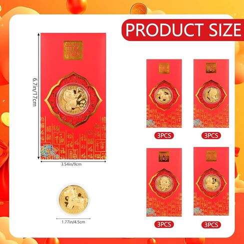 15 Set Chinese New Year Red Envelopes 2026 Horse Coins Chinese New Year Lucky Money Envelopes Hong Bao Zodiac Souvenir Coins for Spring Festival Health Wealth in Kuwait